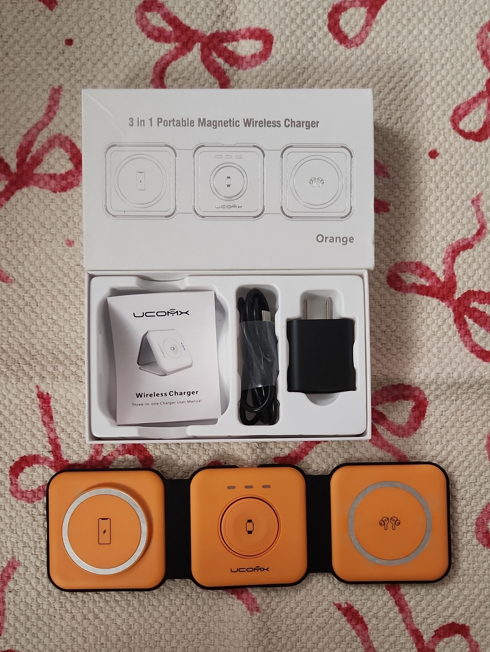 Ucomx Orange 3-in-1 Portable Magnetic Wireless Charger For APPLE Products Only